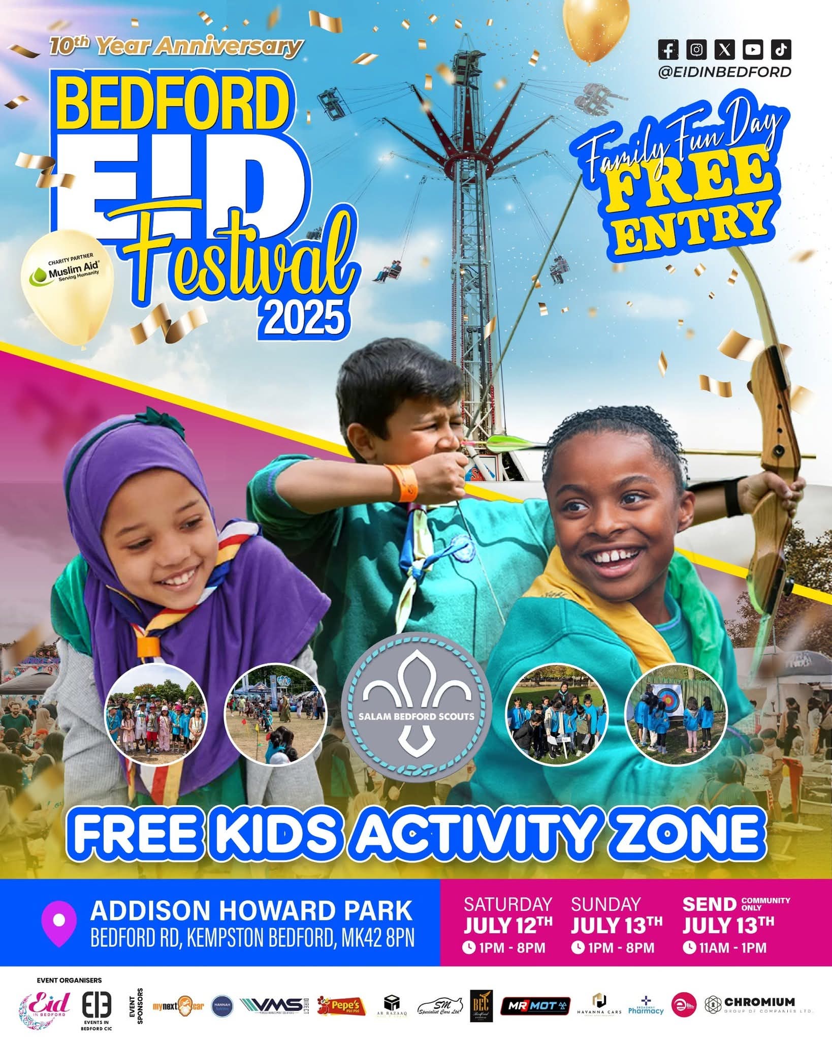 🎊 Bedford Eid Festival 2025 (Free entry) - Kempston at Addison Centre, Addison Howard Park, Bedford Rd, Kempston, Bedford, MK42 8PN | Adults, Attractions, Baby/Toddlers, Entertainment, Family, Food/Drink, Free Entry, Fun, Music, Nightlife, Outdoor, Social, Stalls, Fun Fair | Suitable for: Children, Family, Parking Onsite, Toilets 🎊 Bedford Eid Festival 2025 (Free entry) - Kempston - Event Image 8 July 12, 2025 01:00 PM