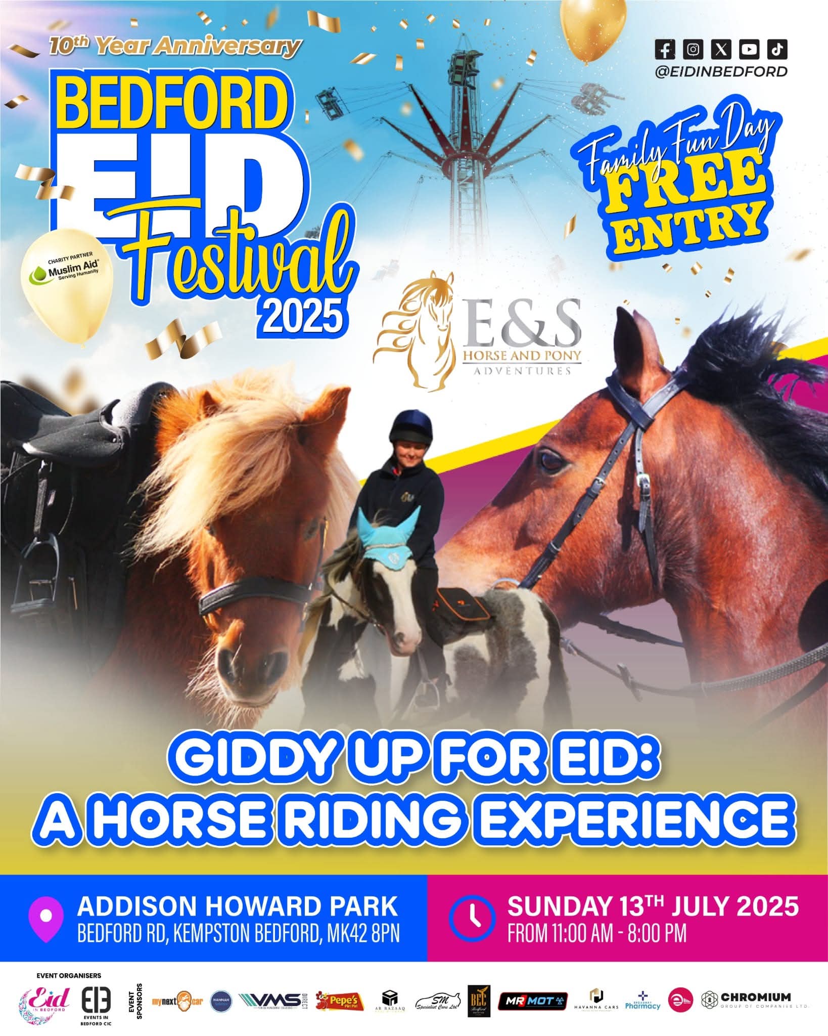 🎊 Bedford Eid Festival 2025 (Free entry) - Kempston at Addison Centre, Addison Howard Park, Bedford Rd, Kempston, Bedford, MK42 8PN | Adults, Attractions, Baby/Toddlers, Entertainment, Family, Food/Drink, Free Entry, Fun, Music, Nightlife, Outdoor, Social, Stalls, Fun Fair | Suitable for: Children, Family, Parking Onsite, Toilets 🎊 Bedford Eid Festival 2025 (Free entry) - Kempston - Event Image 9 July 12, 2025 01:00 PM