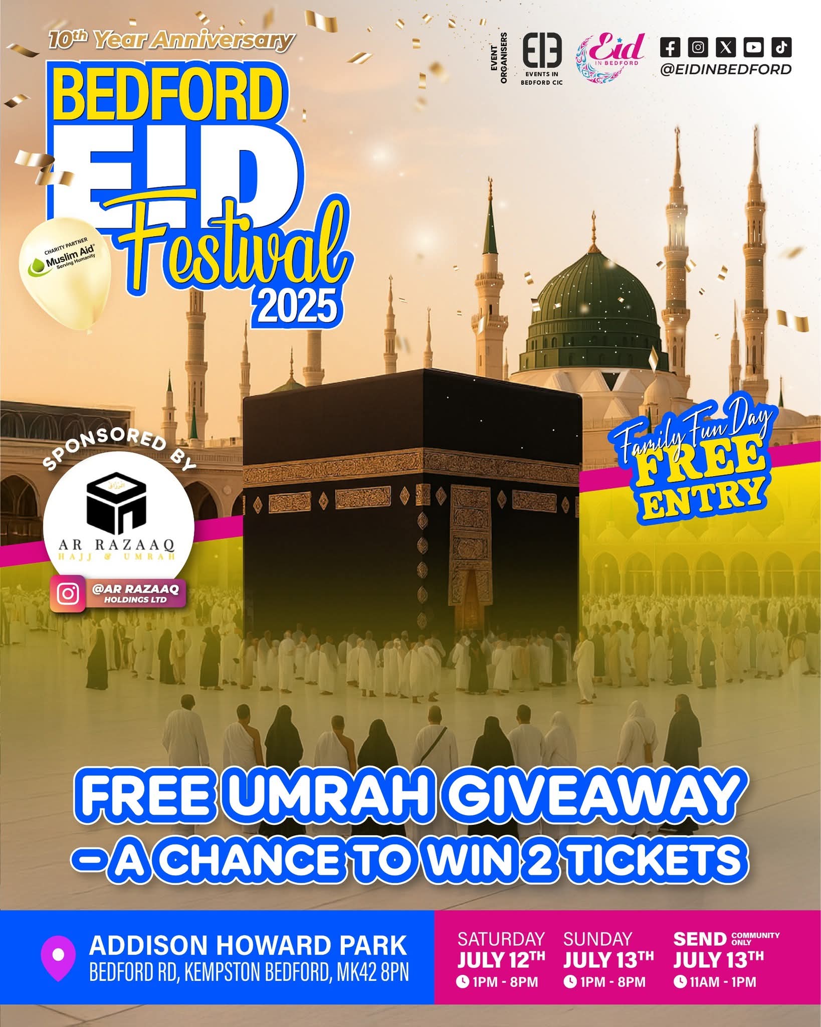 🎊 Bedford Eid Festival 2025 (Free entry) - Kempston at Addison Centre, Addison Howard Park, Bedford Rd, Kempston, Bedford, MK42 8PN | Adults, Attractions, Baby/Toddlers, Entertainment, Family, Food/Drink, Free Entry, Fun, Music, Nightlife, Outdoor, Social, Stalls, Fun Fair | Suitable for: Children, Family, Parking Onsite, Toilets 🎊 Bedford Eid Festival 2025 (Free entry) - Kempston - Event Image 10 July 12, 2025 01:00 PM