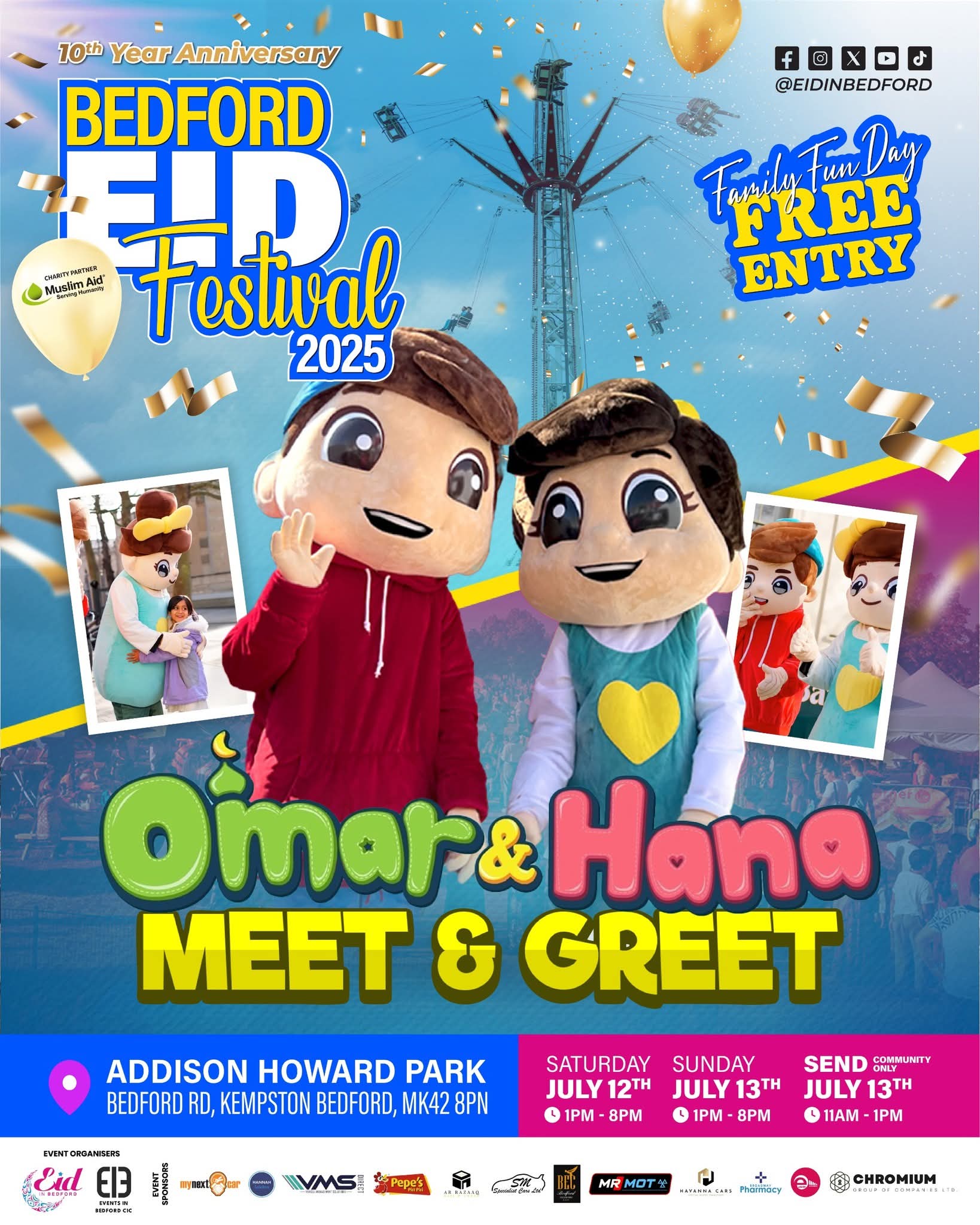 🎊 Bedford Eid Festival 2025 (Free entry) - Kempston at Addison Centre, Addison Howard Park, Bedford Rd, Kempston, Bedford, MK42 8PN | Adults, Attractions, Baby/Toddlers, Entertainment, Family, Food/Drink, Free Entry, Fun, Music, Nightlife, Outdoor, Social, Stalls, Fun Fair | Suitable for: Children, Family, Parking Onsite, Toilets 🎊 Bedford Eid Festival 2025 (Free entry) - Kempston - Event Image 11 July 12, 2025 01:00 PM