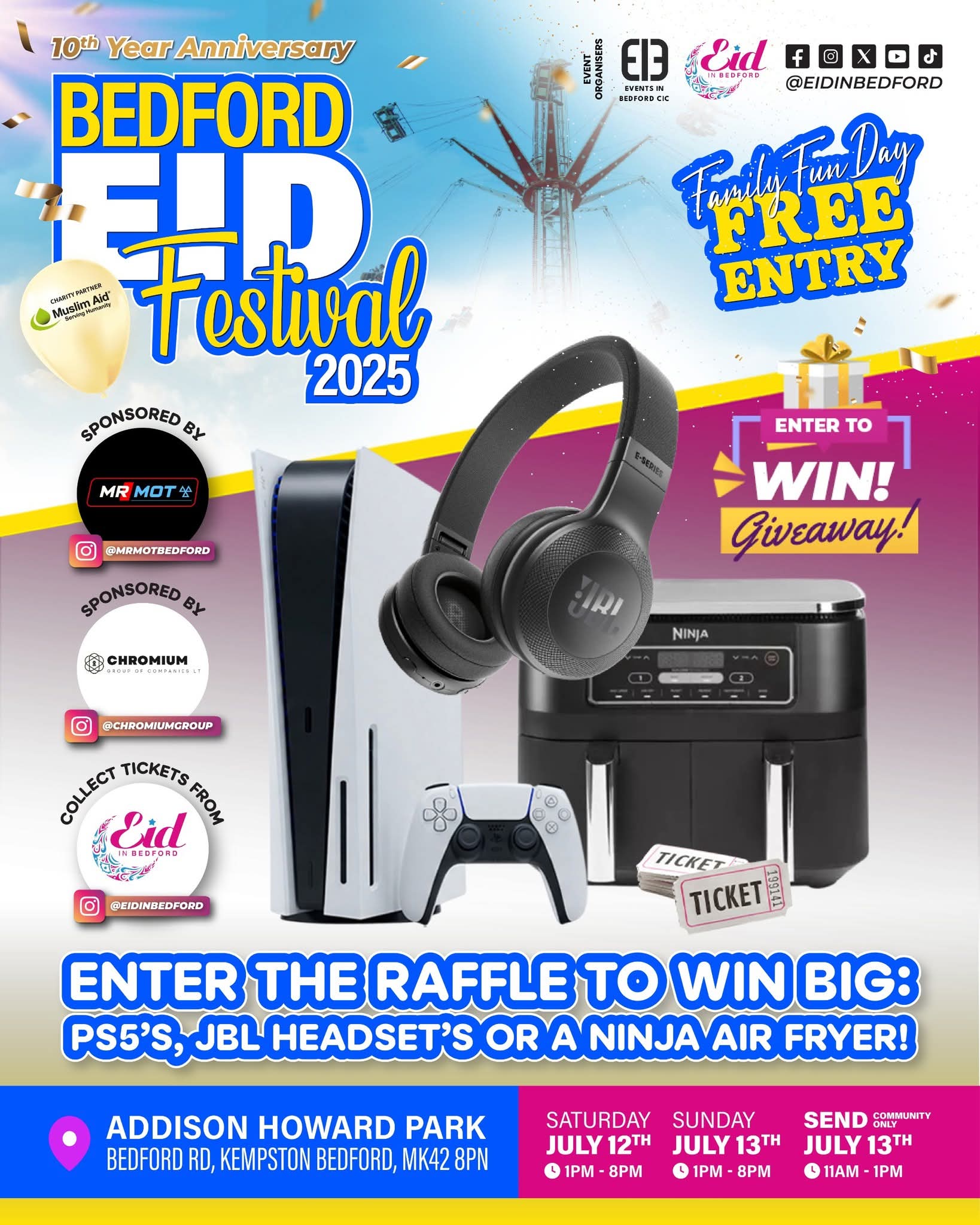 🎊 Bedford Eid Festival 2025 (Free entry) - Kempston at Addison Centre, Addison Howard Park, Bedford Rd, Kempston, Bedford, MK42 8PN | Adults, Attractions, Baby/Toddlers, Entertainment, Family, Food/Drink, Free Entry, Fun, Music, Nightlife, Outdoor, Social, Stalls, Fun Fair | Suitable for: Children, Family, Parking Onsite, Toilets 🎊 Bedford Eid Festival 2025 (Free entry) - Kempston - Event Image 13 July 12, 2025 01:00 PM
