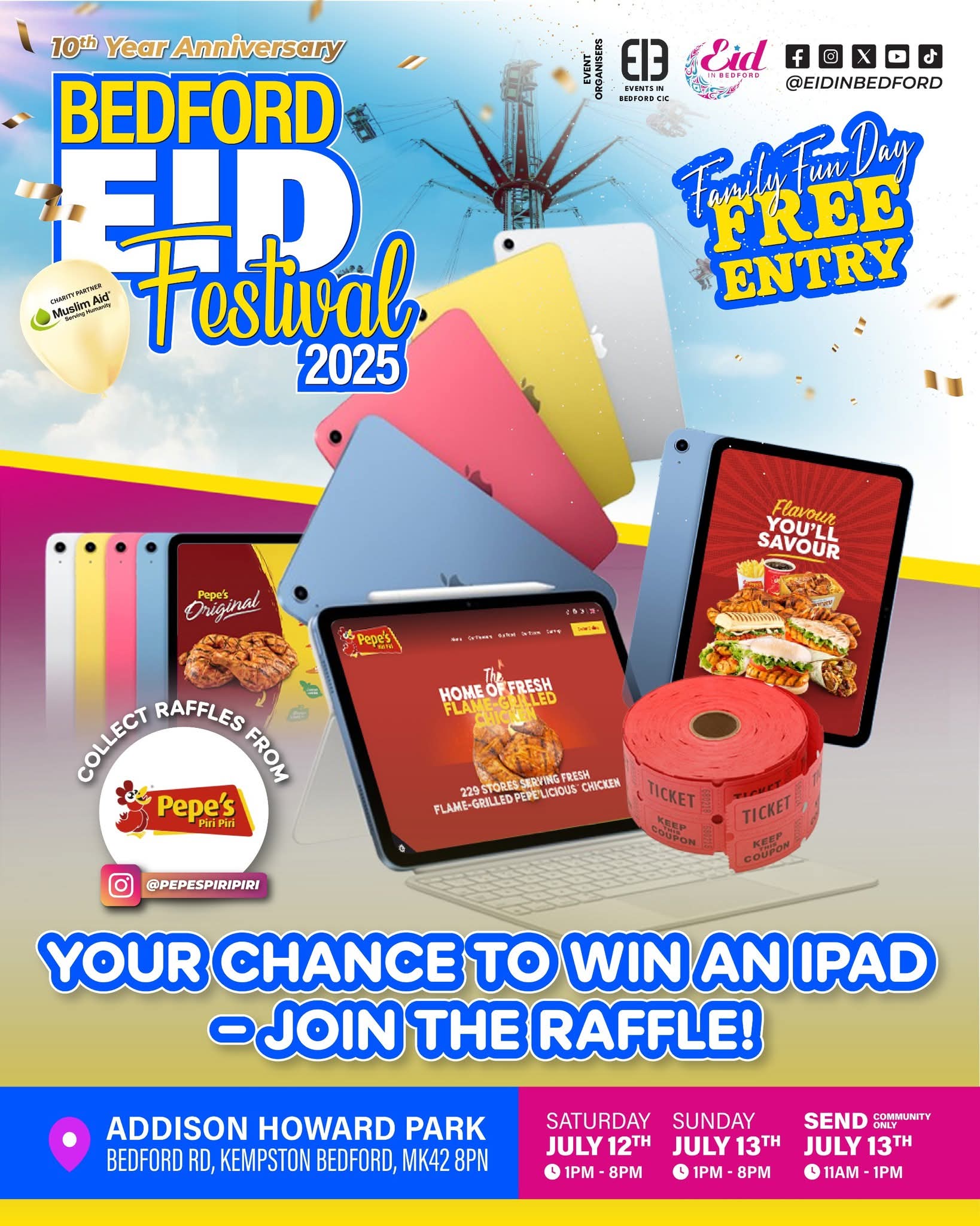🎊 Bedford Eid Festival 2025 (Free entry) - Kempston at Addison Centre, Addison Howard Park, Bedford Rd, Kempston, Bedford, MK42 8PN | Adults, Attractions, Baby/Toddlers, Entertainment, Family, Food/Drink, Free Entry, Fun, Music, Nightlife, Outdoor, Social, Stalls, Fun Fair | Suitable for: Children, Family, Parking Onsite, Toilets 🎊 Bedford Eid Festival 2025 (Free entry) - Kempston - Event Image 14 July 12, 2025 01:00 PM