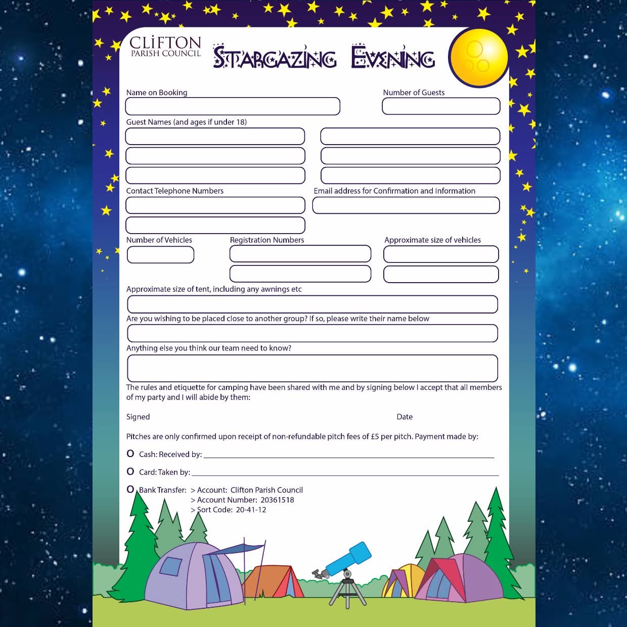 🏕 Stargazing Evening & Camp Out 2025 - Clifton at Clifton Community Centre, Whiston Cres, Clifton, Shefford SG17 5HY | Baby/Toddlers, Family, Food/Drink, Fun, Half Term, Kids, Low Cost, Nightlife, Outdoor, Overnight, Play Parks | Suitable for: Children, Family, Toilets 🏕 Stargazing Evening & Camp Out 2025 - Clifton - Event Image 3 August 22, 2025 06:00 PM