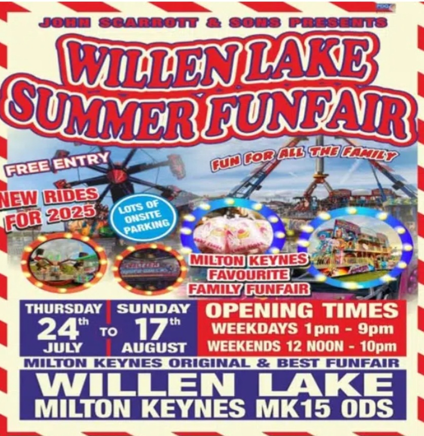 🎡 Willen Lake Summer Funfair 2025 at Willen Lake
V10 Brickhill Street
Milton Keynes
MK15 0DS | Adults, Baby/Toddlers, Family, Stalls, Food/Drink, Free Entry, Fun, Fun Fair, Half Term, Kids, Nightlife, Outdoor, Parks, Play Parks, Pubs / Restaurants, Scenic, Walks, Water, Pay On Entry | Suitable for: Children, Family, Parking Onsite, Toilets, Accessible 🎡 Willen Lake Summer Funfair 2025 - Event Image 2 August 05, 2025 01:00 PM