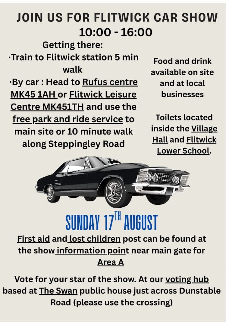 π Flitwick Car Show 2025 at Flitwick Village Hall
Dunstable Road
Flitwick
Bedfordshire
MK45 1HP | Adults, Attractions, Automotive, Entertainment, Family, Food/Drink, Free Entry, Fun, Kids, Outdoor, Play Parks, Pubs / Restaurants, Stalls, Teens | Suitable for: Accessible, Family, Free Parking, Toilets π Flitwick Car Show 2025 - Event Image 4 August 17, 2025 10:00 AM