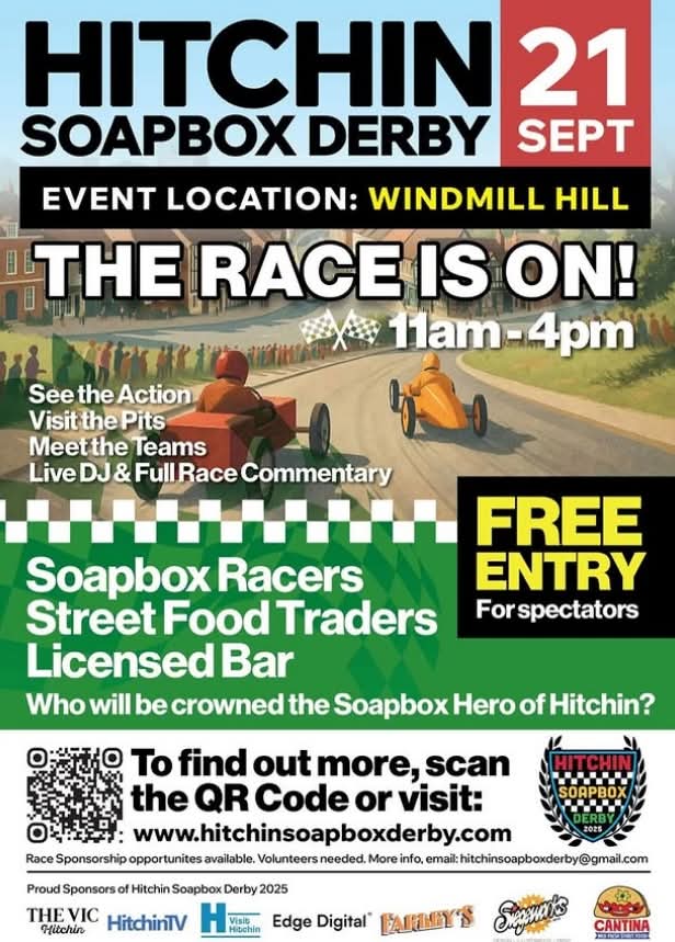🏁 Hitchin Soapbox Derby 2025 - Windmill Hill Park at Windmill Hill Park, Hitchin, SG4 9RT | Adults, Automotive, Entertainment, Family, Food/Drink, Free Entry, Fun, Outdoor, Teens | Suitable for: Family 🏁 Hitchin Soapbox Derby 2025 - Windmill Hill Park - Event Image 3 September 21, 2025 11:00 AM