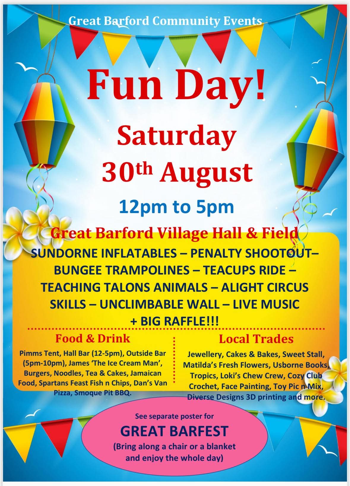🎊 Great Barfest 2025 at Great Barford Village Hall 10 Fishers Close, Bedford, MK44 3JL, United Kingdom | Adults, Animals, Baby/Toddlers, Entertainment, Family, Food/Drink, Free Entry, Fun Fair, Indoor, Kids, Music, Nightlife, Outdoor | Suitable for: Accessible, Children, Family, Toilets 🎊 Great Barfest 2025 - Event Image 2 August 30, 2025 12:00 PM
