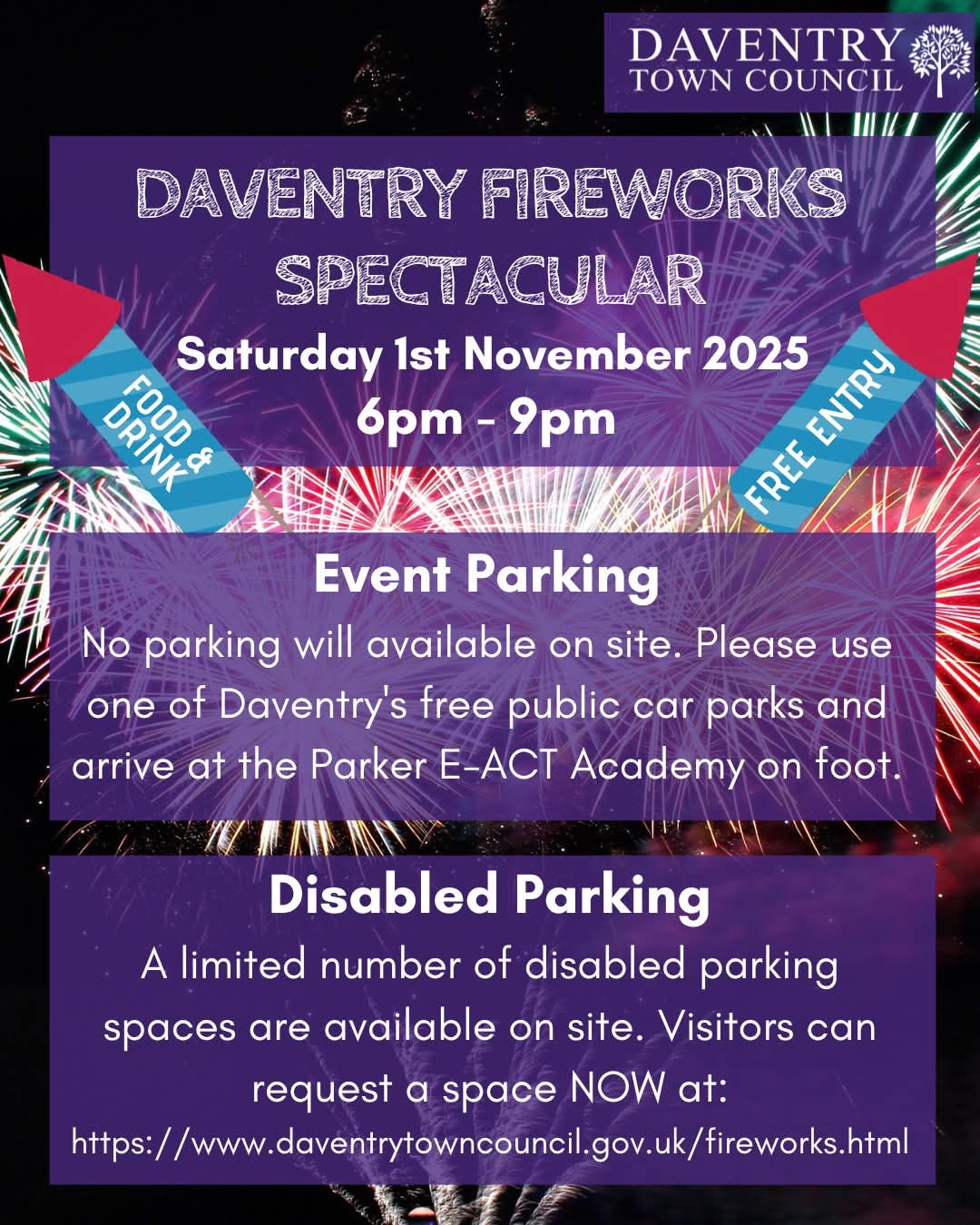 🎇 Free Daventry Fireworks Spectacular 2025! - The Parker E-ACT Academy at The Parker E-ACT Academy, Ashby Road, Northants, NN11 0QF | Adults, Annual, Attractions, Date Idea, Entertainment, Family, Free Entry, Fun, Kids, Music, Nightlife, Outdoor, Teens | Suitable for: Accessible, Blue Badge Parking, Children, Family 🎇 Free Daventry Fireworks Spectacular 2025! - The Parker E-ACT Academy - Event Image 2 November 01, 2025 06:00 PM