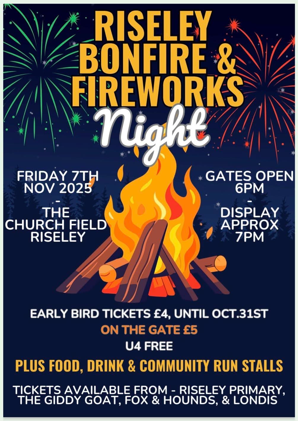 🔥 Riseley Bonfire & Fireworks Night 2025 - All Saints Church - Event Image 4 November 07, 2025 06:00 PM
