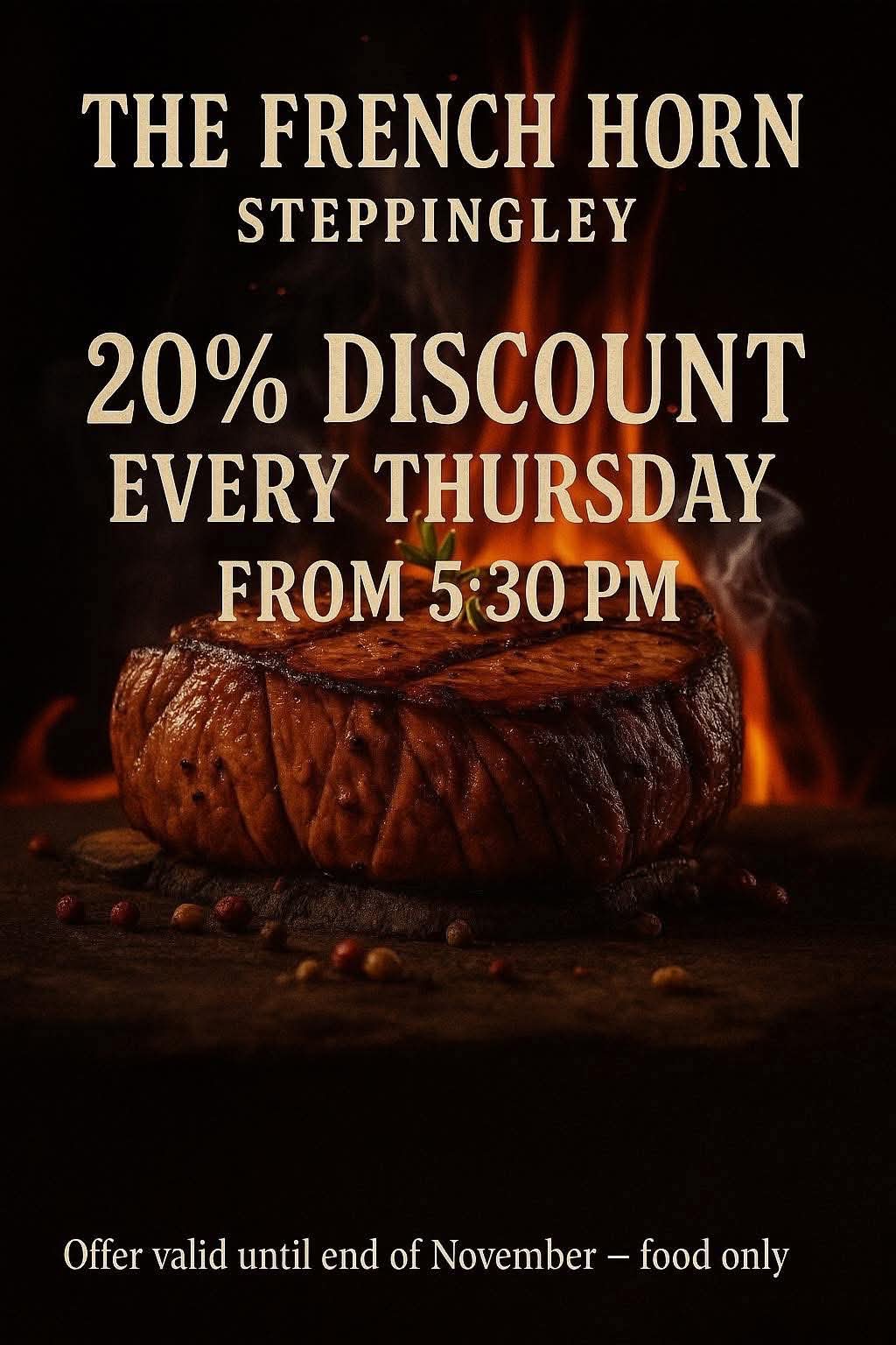 💥 20% Off Your Food Bill at The French Horn, Steppingley  - Event Image 2 November 13, 2025 05:30 PM