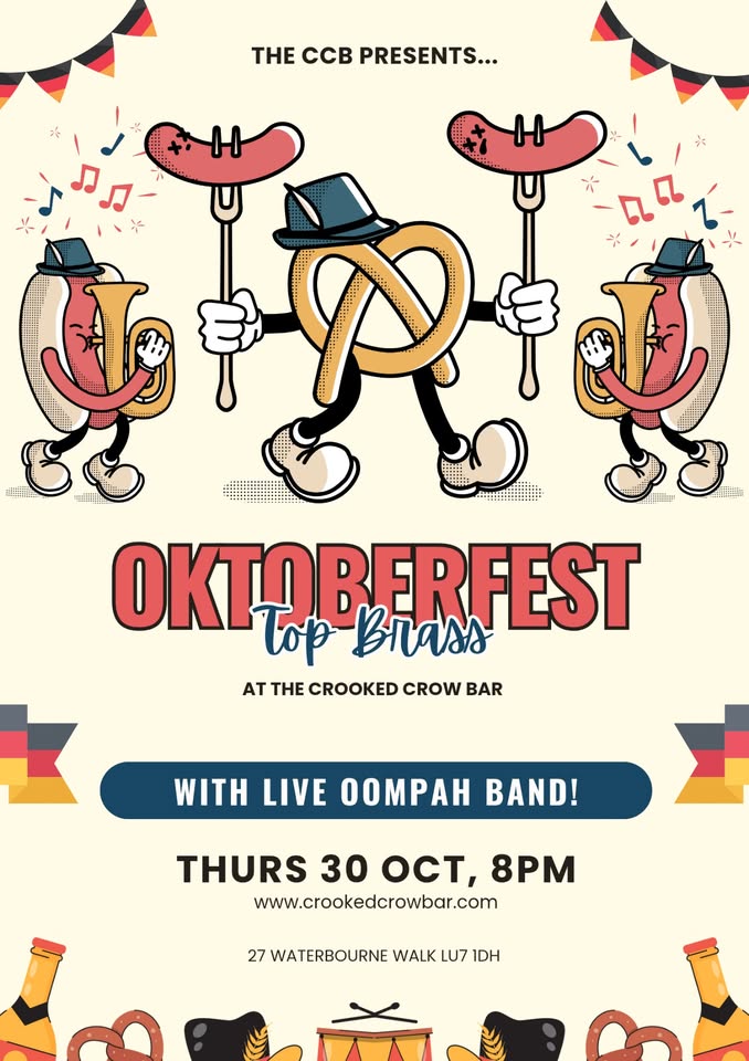🍻 Oktoberfest 2025 - The Crooked Crow Bar, Leighton Buzzard  - October 30, 2025 08:00 PM at The Crooked Crow Bar, 27 Waterborne Walk, Leighton Buzzard, LU7 1DH