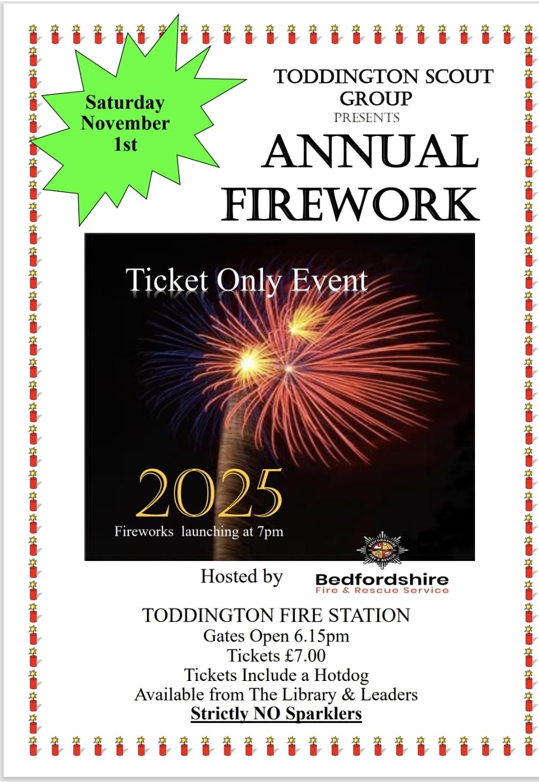 🎇 Scouts Annual Firework Display 2025 - Toddington Fire Station, Bedfordshire  - Original Event Image | Adults, Advance Booking, Annual, Date Idea, Family, Food/Drink, Fun, Outdoor, Teens, Ticket Event, Tickets, Fireworks | Suitable for: Children, Family 🎇 Scouts Annual Firework Display 2025 - Toddington Fire Station, Bedfordshire  - November 01, 2025 06:15 PM at Toddington Fire Station, Dunstable Rd, Toddington, Bedfordshire, LU5 6DS