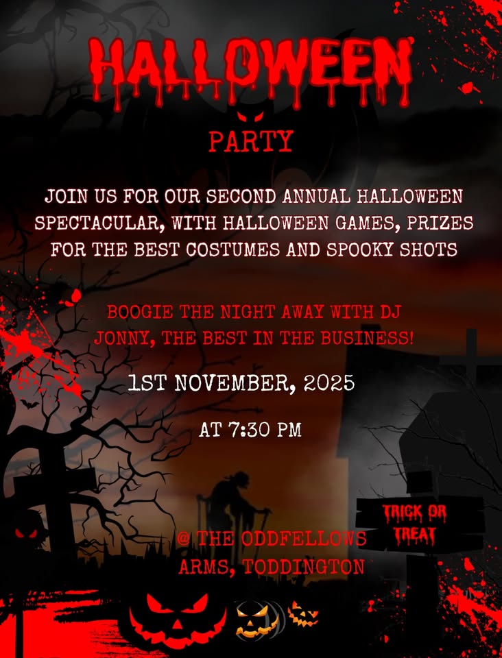 👻 Halloween Party 2025 - The Oddfellows Arms, Toddington  - Original Event Image | Adults, Entertainment, Food/Drink, Free Entry, Fun, Halloween, Indoor, Music, Nightlife, Pubs / Restaurants | Suitable for: Adults Only, Toilets 👻 Halloween Party 2025 - The Oddfellows Arms, Toddington  - November 01, 2025 07:30 PM at The Oddfellows Arms, 9 Market Square, Toddington, Bedfordshire, LU5 6BP