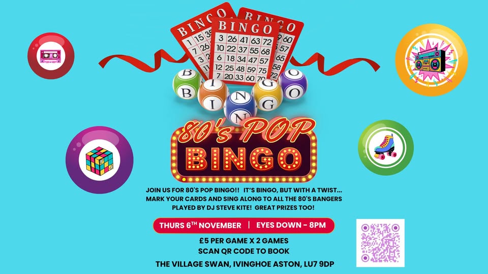 🎶 Pop Bingo at The Village Swan, Ivinghoe Aston - November 06, 2025 08:00 PM at The Village Swan, Ivinghoe Aston, Leighton Buzzard, LU7 9DP