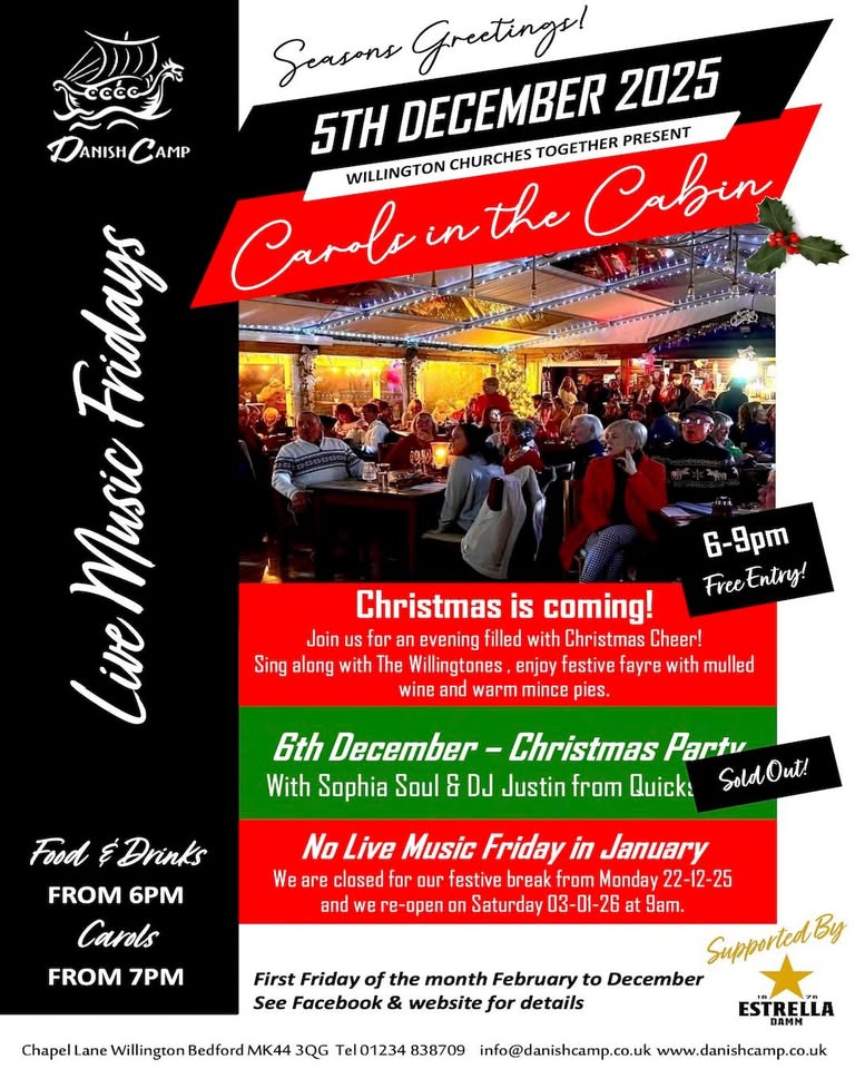 🎼 Carols in The Cabin 2025 at The Danish Camp, Willington - Danish Camp - December 05, 2025 06:00 PM at Danish Camp, Chapel Lane, Willington, Bedford, MK44 3QG