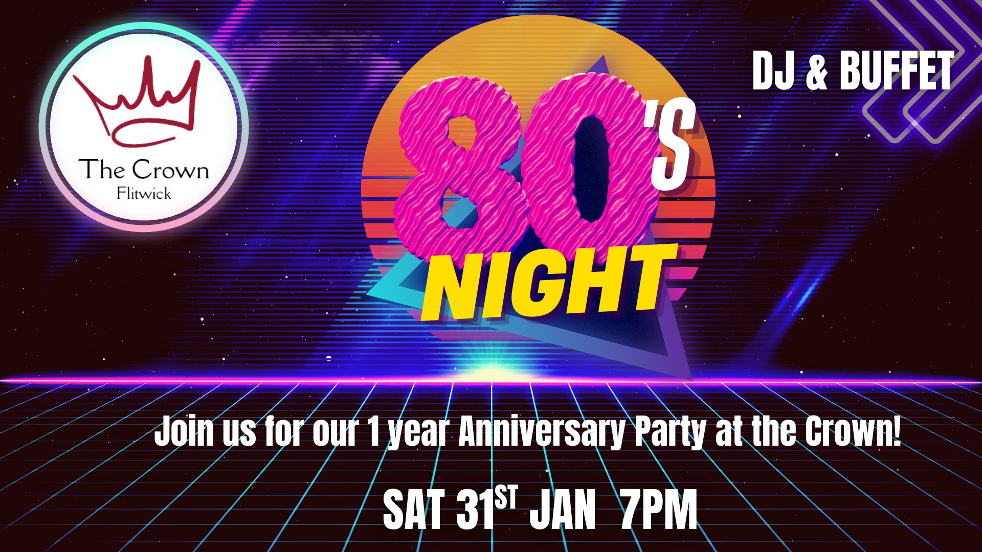 🎉 Our 1 Year Anniversary Party - 80s Night & Free Buffet - The Crown - January 31, 2026 07:00 PM at The Crown, Station Rd, Flitwick MK45 1LA