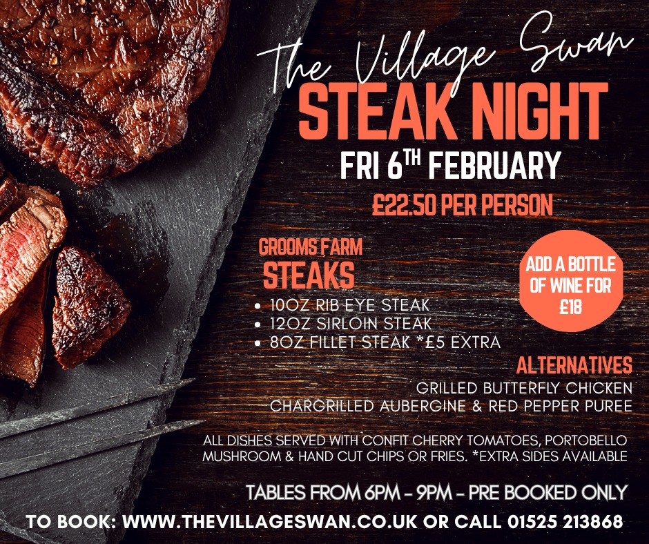 🍷 🥩 Steak Night - The Village Swan, Ivinghoe Aston - February 06, 2026 06:00 PM at The Village Swan, Ivinghoe Aston, Leighton Buzzard, LU7 9DP