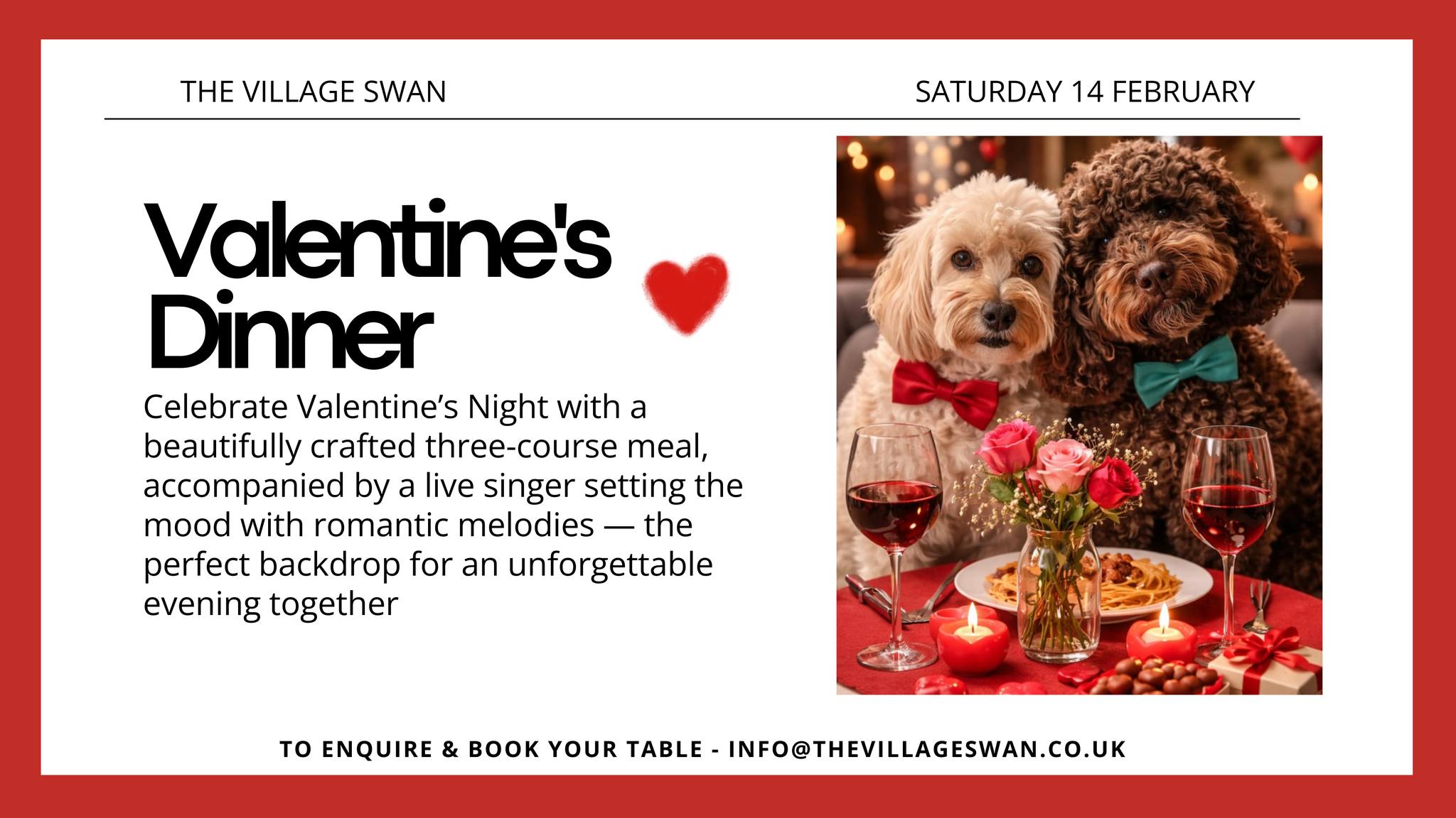 💖 Valentine's Night Dinner with Live Music - The Village Swan, Ivinghoe Aston - February 14, 2026 06:00 PM at The Village Swan, Ivinghoe Aston, Leighton Buzzard, LU7 9DP