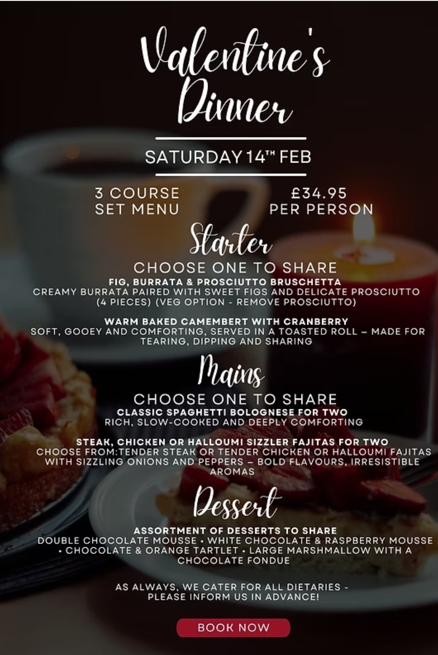 💖 Valentine's Night Dinner with Live Music - The Village Swan, Ivinghoe Aston - Event Image 2 February 14, 2026 06:00 PM