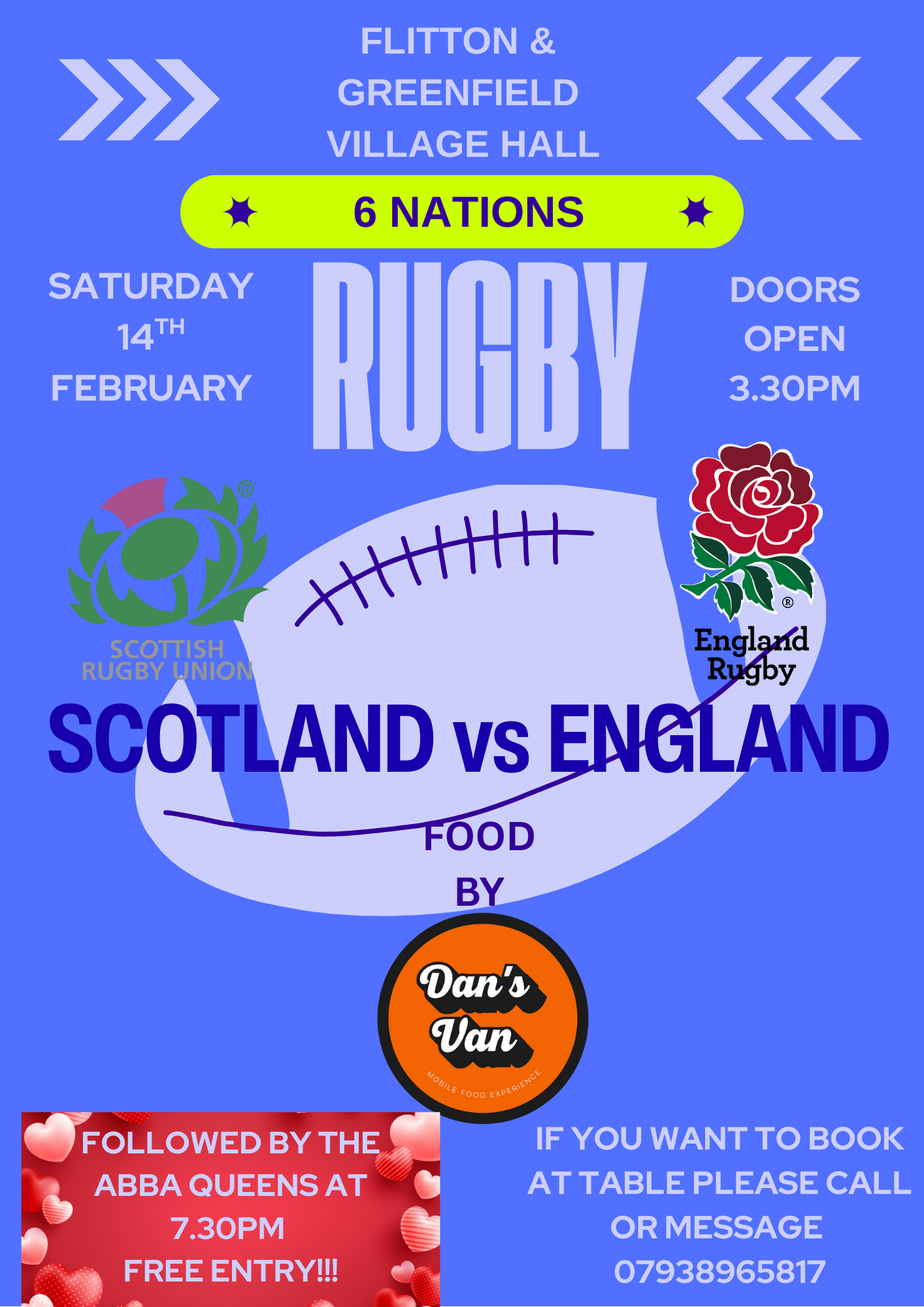 🏉🎶 Scotland vs England 6 Nations Rugby AND Valentines ABBA Party Night - Flitton & Greenfield Villlage Hall - Event Image 2 February 14, 2026 03:30 PM