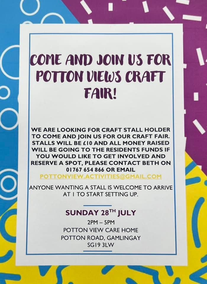 🌸LOOKING FOR STALL HOLDERS - Potton View Craft fair  - July 28, 2024 02:00 PM at Potton View Care Home
Potton Road, Gamlingay 
SG16 3LW
