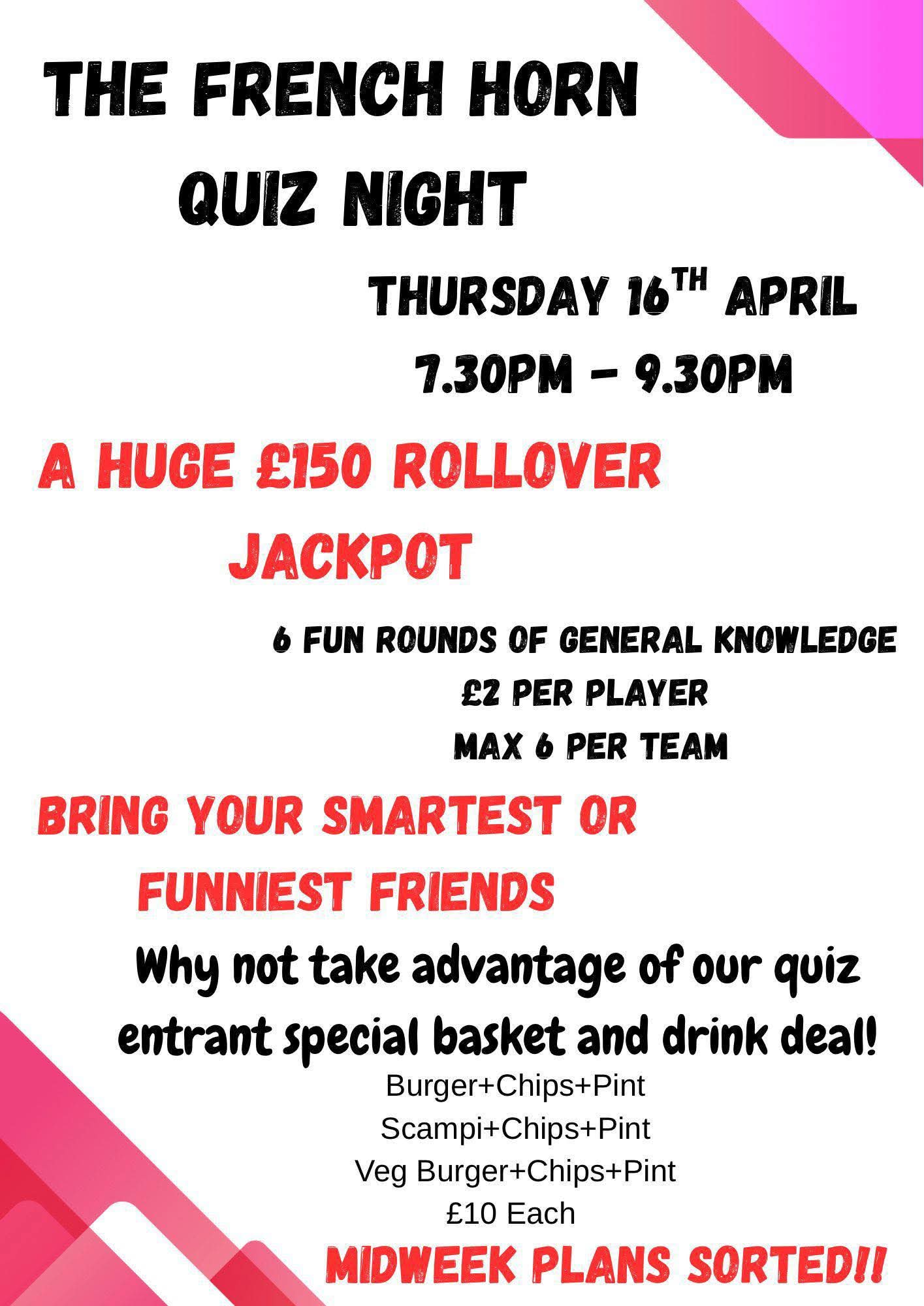 ❓️ Quiz Night - The French Horn, Steppingley  - Event Image 2 April 16, 2026 07:30 PM
