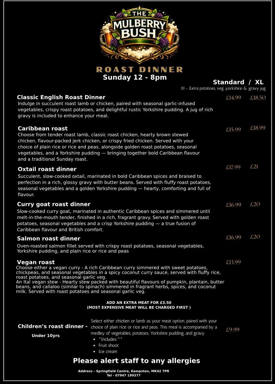 🇧🇶 Sunday Classic, Vegan or Caribbean Roast Dinner - The Mulberry Bush, Kempston  - Event Image 3 April 26, 2026 12:00 PM