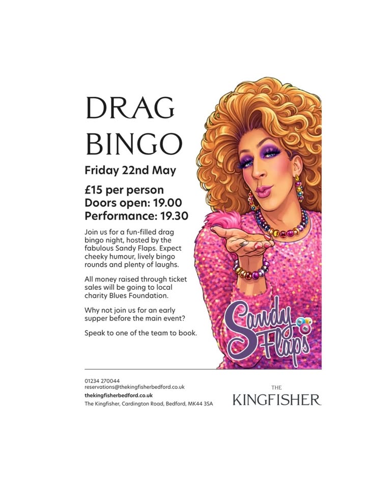 💃 Drag Bingo - The Kingfisher, Bedford - May 22, 2026 07:00 PM at The Kingfisher, Barns Hotel, Cardington Road, MK44 3SA Bedford, UK