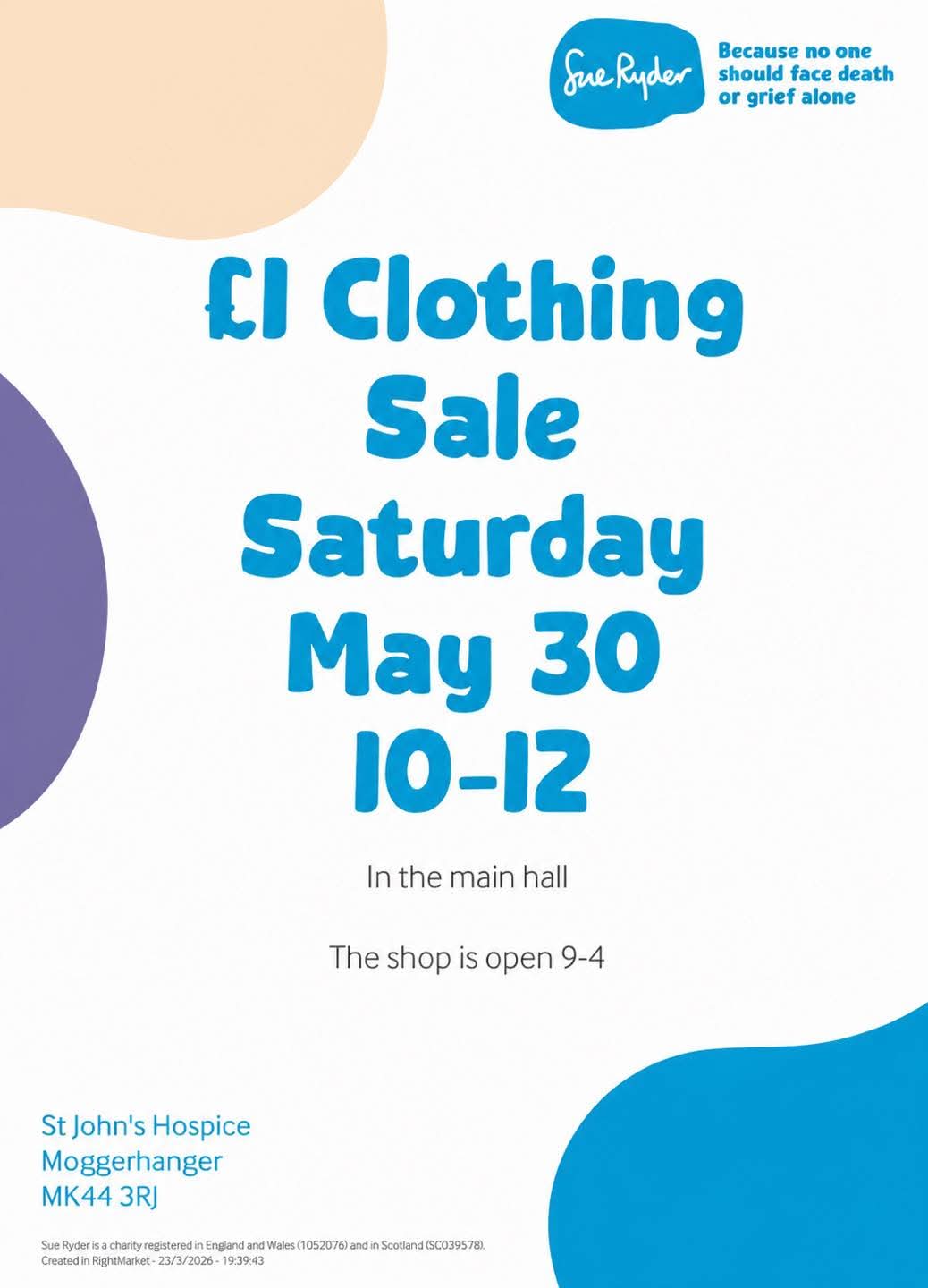 👚 £1 Clothing Sale, May 2026 - Sue Ryder, Moggerhanger  - Event Image 2 May 30, 2026 10:00 AM