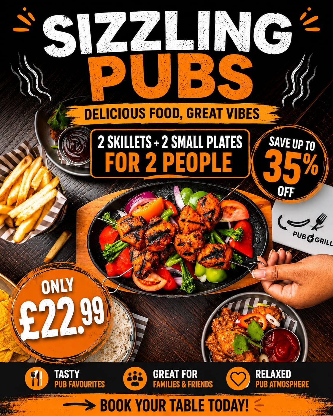 🔥 £22 for 2 Skillets & 2 Small Plates at Sizzling Pubs -  (32% off) Valid from August 04, 2026 until September 14, 2026