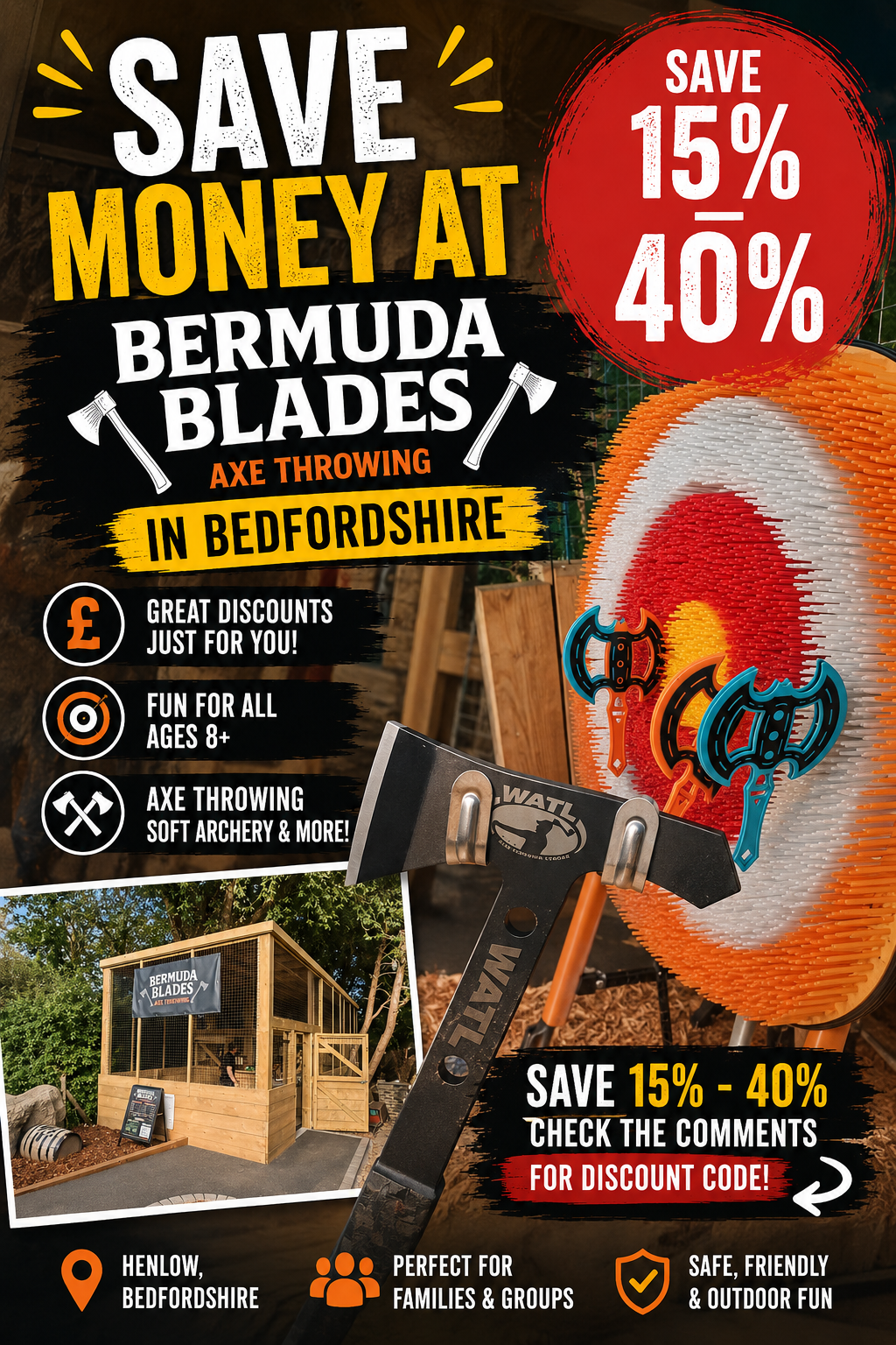 🪓 Save 15% - 40% at Bermuda Blades, Axe Throwing, Bedfordshire  -  (15% - 40% off) Valid from August 08, 2026 until August 31, 2026