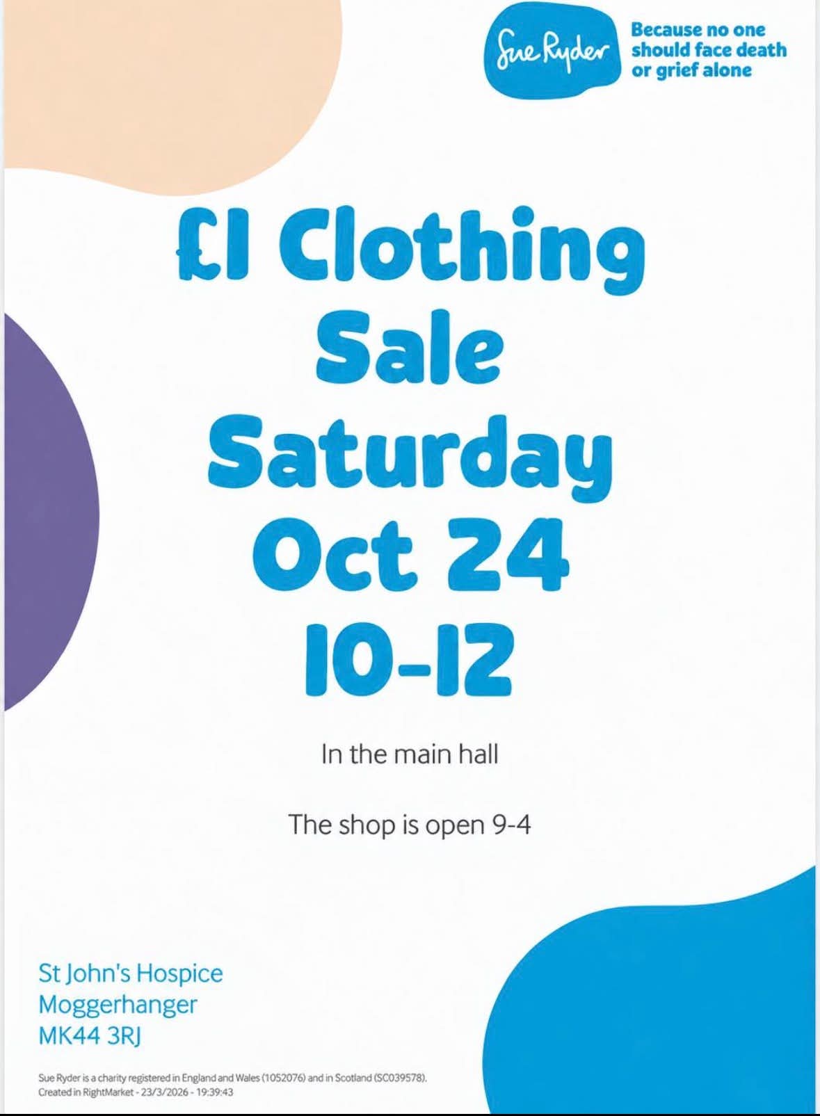 👚 £1 Clothing Sale, October 2026 - Sue Ryder, Moggerhanger  - Event Image 2 October 24, 2026 10:00 AM