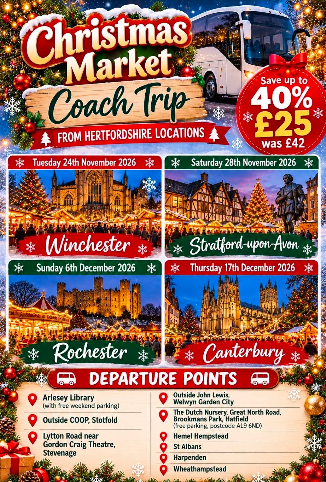 🚍🎄 Christmas Market Coach Trips For £25 From Hertfordshire Locations! - $25.00 (40% off) Valid from October 26, 2026 until December 17, 2026