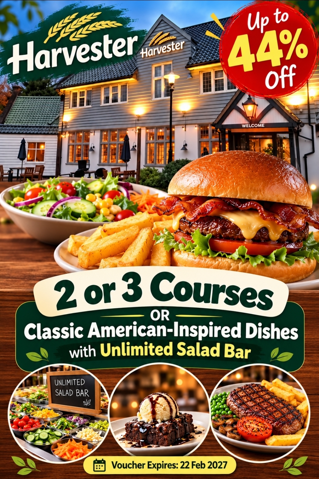 😋 Save Up To 44% Off Harvester - 2 or 3 Courses or Classic American-Inspired Dishes with Unlimited Salad Bar  -   Valid from October 27, 2026 until February 22, 2027
