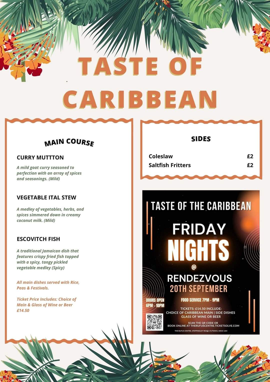 😋 Friday Nights@Rendezvous - A Taste of Caribbean  - Flitwick Rufus Centre - Event Image 2 September 20, 2024 07:00 PM